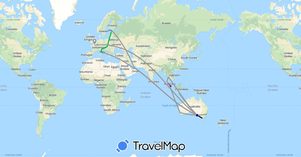 TravelMap itinerary: driving, bus, plane, train, boat in United Arab Emirates, Australia, Estonia, Finland, France, Hungary, Indonesia, Italy, Malaysia, Singapore, Thailand (Asia, Europe, Oceania)